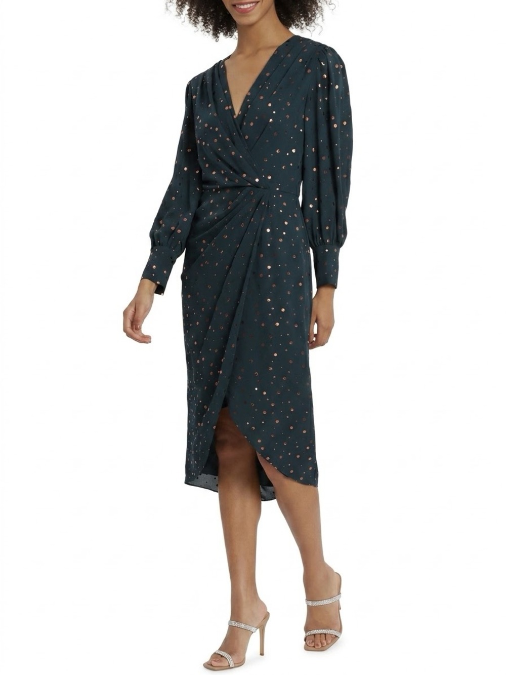 Maggy London NWT Foil Dot Long Sleeve Surplice Midi Wrap Dress Green 12